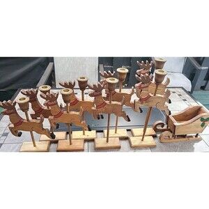 SET OF 8 HAND CRAFTED WOOD REINDEER + SLEIGH CANDLE HOLDERS! CHRISTMAS